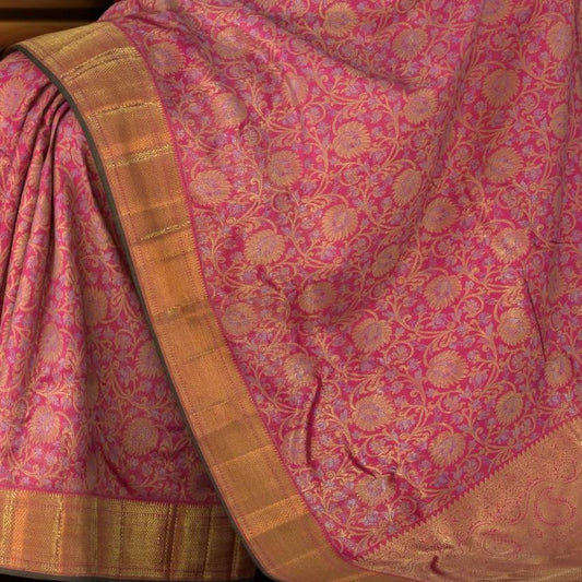 Pink Kanchipuram jacquard, embossed Silk Saree with floral motif designs on the body with self getti / kuyil kann border and floral design / kutti diamond mango motif designs in pallu