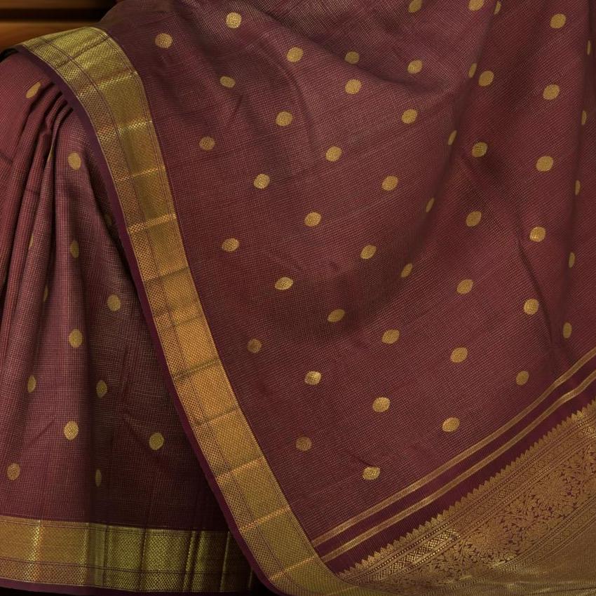 Coffee Brown Kanchipuram Silk Saree with checks and podi zari kattam with kamalam butta designs on the body with self kuyil kann with kolam design border and floral with diamond design and hexagon varisapet designs in pallu