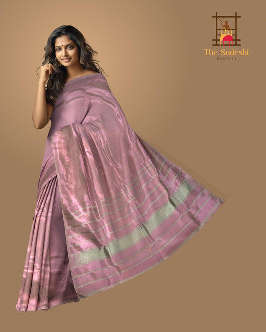 Pink Tissue Kanchipuram Silk Saree with plain design on the body with self border and silver lines pallu