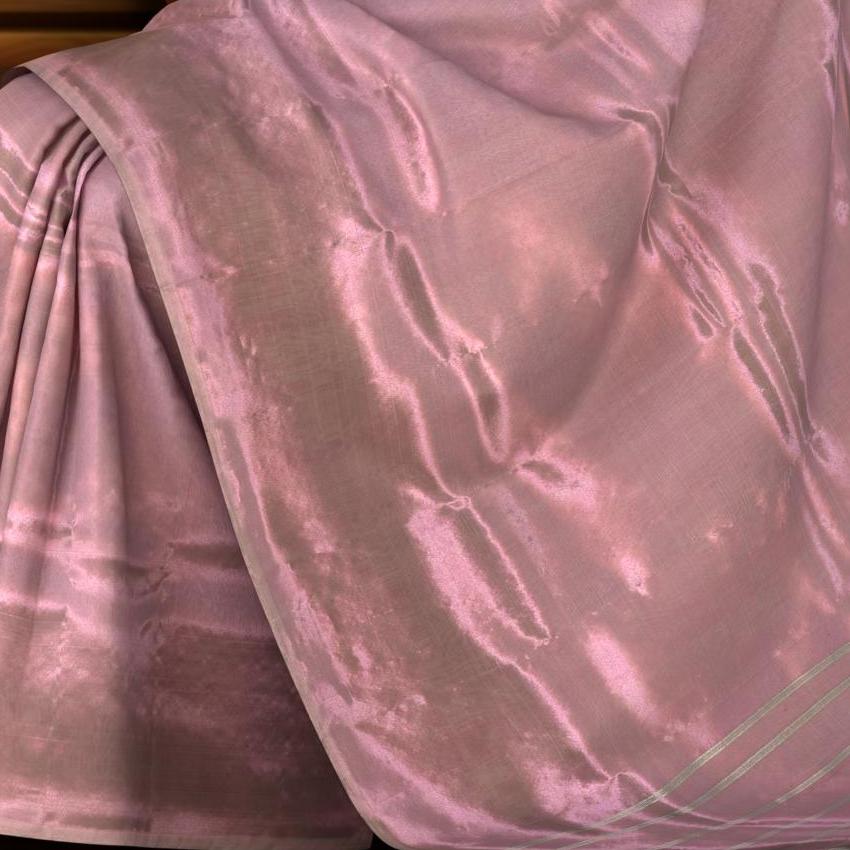 Pink Tissue Kanchipuram Silk Saree with plain design on the body with self border and silver lines pallu
