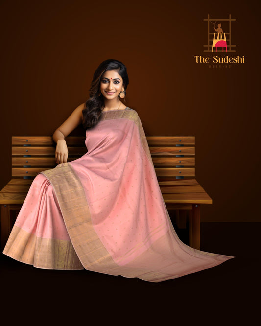 Lotus Pink Kanchipuram Silk Saree with small butta design on the body with intricately designed floral self border and annam, diamond & varisapet designs in pallu