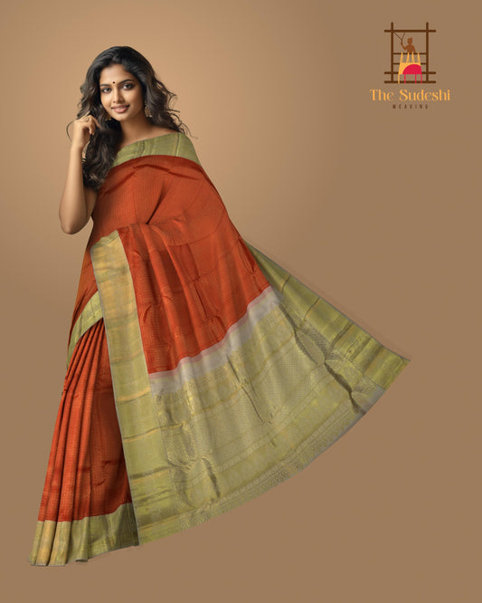 Red Kanchipuram Silk Saree with Checks, Brocade on the body with light grey contrast border and pallu featuring tear, motif, grand, intricately floral designed