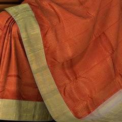 Red Kanchipuram Silk Saree with Checks, Brocade on the body with light grey contrast border and pallu featuring tear, motif, grand, intricately floral designed