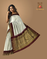 Elegant Off-White Kanchipuram Pure Silk Saree with Maroon Temple Border