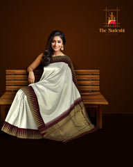 Elegant Off-White Kanchipuram Pure Silk Saree with Maroon Temple Border