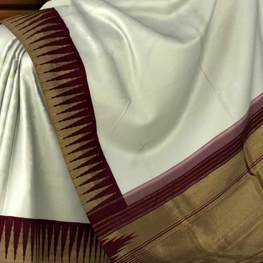 Elegant Off-White Kanchipuram Pure Silk Saree with Maroon Temple Border