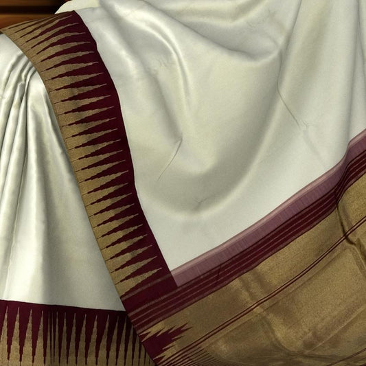 Elegant Off-White Kanchipuram Pure Silk Saree with Maroon Temple Border