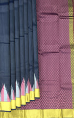 Majestic Navy Blue Kanchipuram Silk Saree with Ettukol Seepurek Thread Work