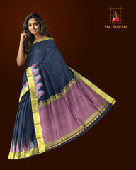 Majestic Navy Blue Kanchipuram Silk Saree with Ettukol Seepurek Thread Work