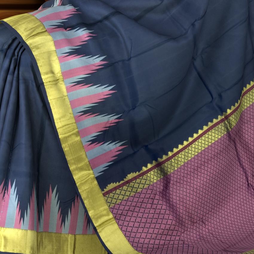 Majestic Navy Blue Kanchipuram Silk Saree with Ettukol Seepurek Thread Work