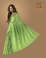 Apple Green Kanchipuram Silk Saree with Floral Threadwork and Zari Accents
