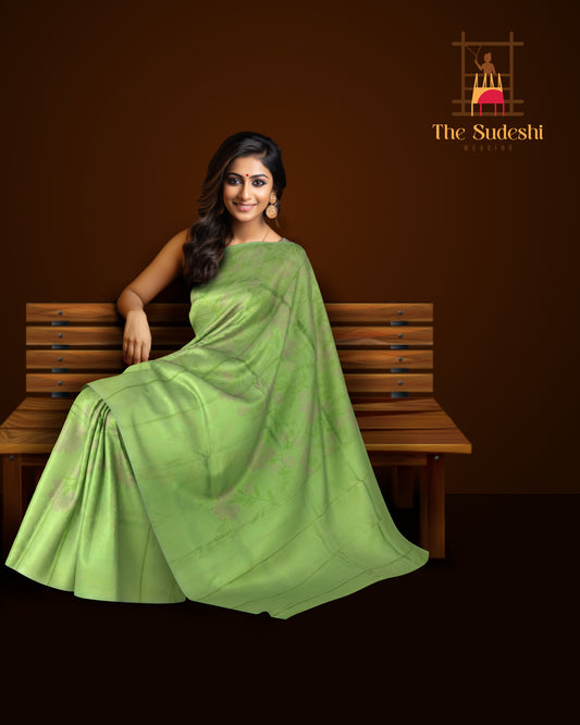 Apple Green Kanchipuram Silk Saree with Floral Threadwork and Zari Accents
