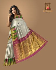 Classic Beige Kanchipuram Silk Saree with Ettukol Seepurek Zari Border