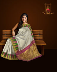 Classic Beige Kanchipuram Silk Saree with Ettukol Seepurek Zari Border