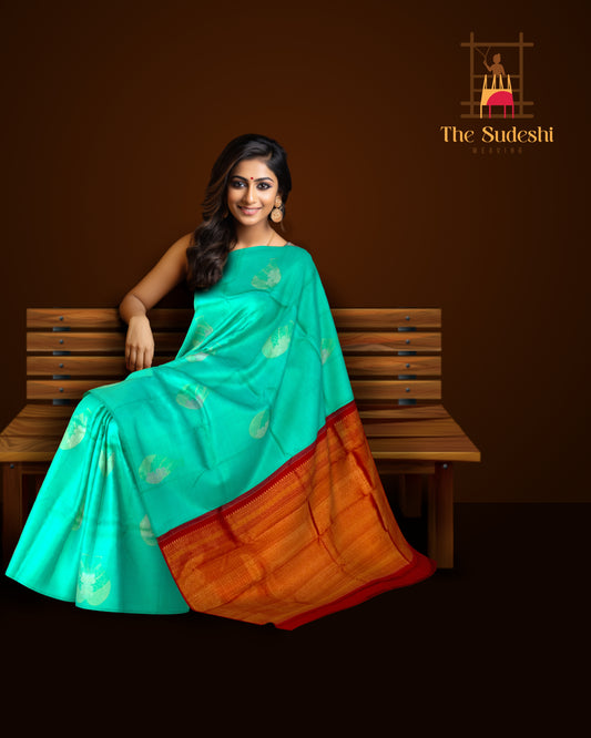 Mesmerizing Turquoise Blue Kanchipuram Silk Saree with Borderless Motifs