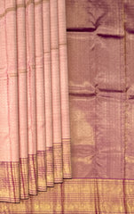 Peach Kanchipuram Silk Saree with Elegant Checks and Butta Detailing