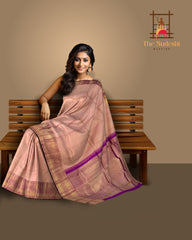 Peach Kanchipuram Silk Saree with Elegant Checks and Butta Detailing