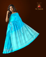 Enchanting Sky Blue Kanchipuram Silk Saree with One-Side Border and Peacock Motifs