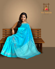 Enchanting Sky Blue Kanchipuram Silk Saree with One-Side Border and Peacock Motifs