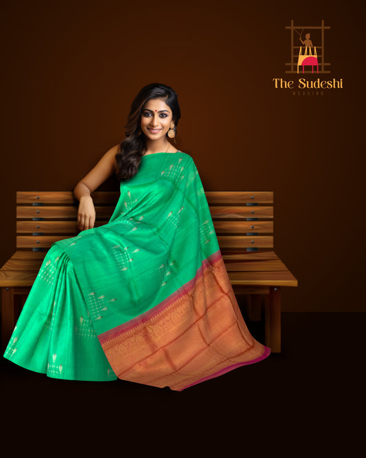 Elegant Sea Green Kanchipuram Silk Saree with Borderless Motif Design
