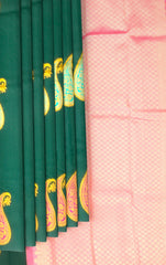 Regal Bottle Green Kanchipuram Silk Saree with Borderless Manog Motif Design