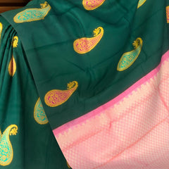 Regal Bottle Green Kanchipuram Silk Saree with Borderless Manog Motif Design