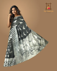 Majestic Black Kanchipuram Silk Saree with Ashwa Motif Digital Design