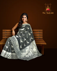 Majestic Black Kanchipuram Silk Saree with Ashwa Motif Digital Design