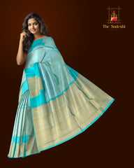 Ethereal Aqua Blue Kanchipuram Silk Saree with Yazhi Motif and Checks Basket Weave