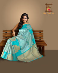 Ethereal Aqua Blue Kanchipuram Silk Saree with Yazhi Motif and Checks Basket Weave