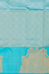 Ethereal Aqua Blue Kanchipuram Silk Saree with Yazhi Motif and Checks Basket Weave