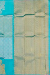 Ethereal Aqua Blue Kanchipuram Silk Saree with Yazhi Motif and Checks Basket Weave