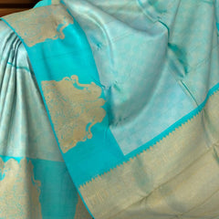 Ethereal Aqua Blue Kanchipuram Silk Saree with Yazhi Motif and Checks Basket Weave