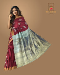 Regal Maroon Kanchipuram Silk Saree with Elephant Motif Digital Design