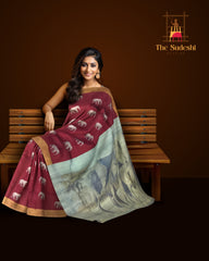 Regal Maroon Kanchipuram Silk Saree with Elephant Motif Digital Design