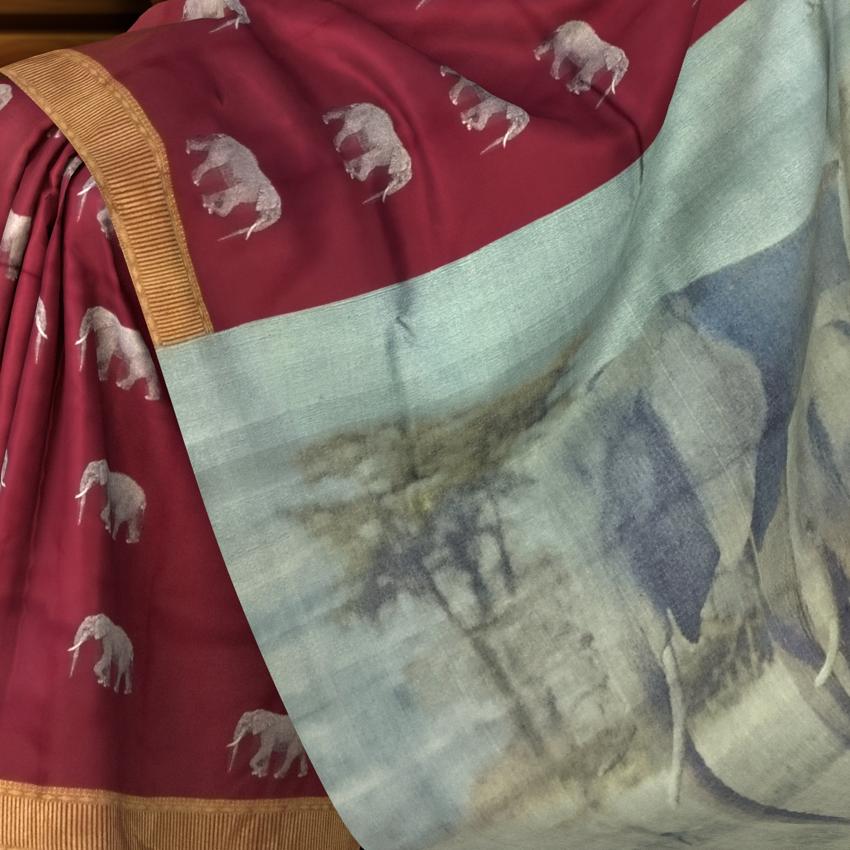 Regal Maroon Kanchipuram Silk Saree with Elephant Motif Digital Design