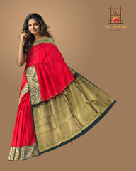 Bold Red Kanchipuram Silk Saree with Classic Black Pallu