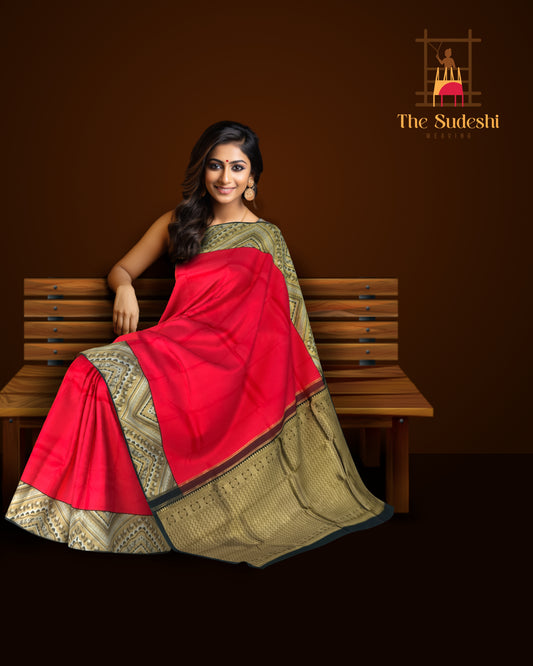 Bold Red Kanchipuram Silk Saree with Classic Black Pallu