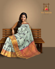 Monochrome Black & White Kanchipuram Silk Saree with Newspaper Print Digital Design