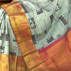 Monochrome Black & White Kanchipuram Silk Saree with Newspaper Print Digital Design