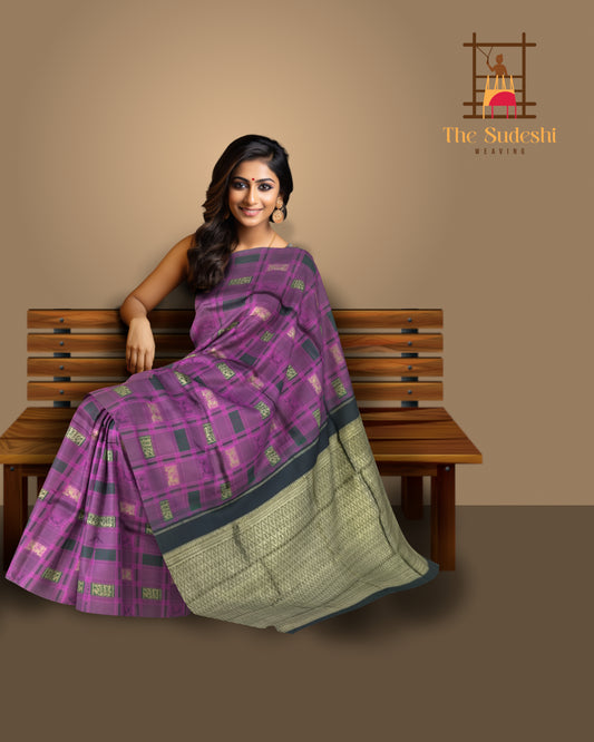 Borderless Pink and Black Checked Kanchipuram Silk Saree