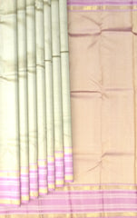 Elegant Beige Kanchipuram Silk Saree with Baby Pink Temple Border