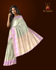 Elegant Beige Kanchipuram Silk Saree with Baby Pink Temple Border