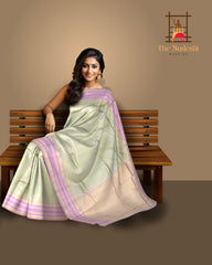 Elegant Beige Kanchipuram Silk Saree with Baby Pink Temple Border