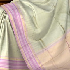 Elegant Beige Kanchipuram Silk Saree with Baby Pink Temple Border