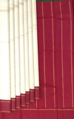 Off-White Kanchipuram Silk Saree with Red and Green Threadwork Gangajamuna Border