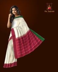 Off-White Kanchipuram Silk Saree with Red and Green Threadwork Gangajamuna Border