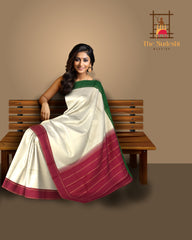 Off-White Kanchipuram Silk Saree with Red and Green Threadwork Gangajamuna Border