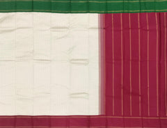 Off-White Kanchipuram Silk Saree with Red and Green Threadwork Gangajamuna Border