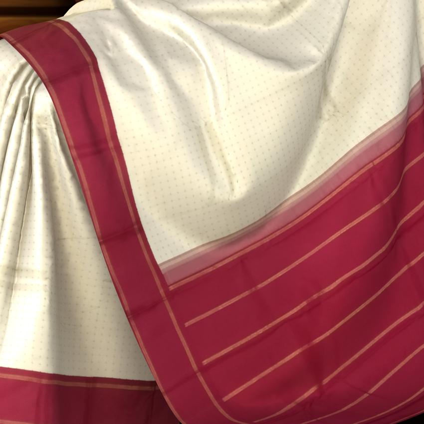 Off-White Kanchipuram Silk Saree with Red and Green Threadwork Gangajamuna Border